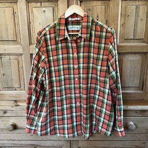 Womens Orvis 18  / XL Button Front Shirt Orange Green Plaid Collared Long Sleeve